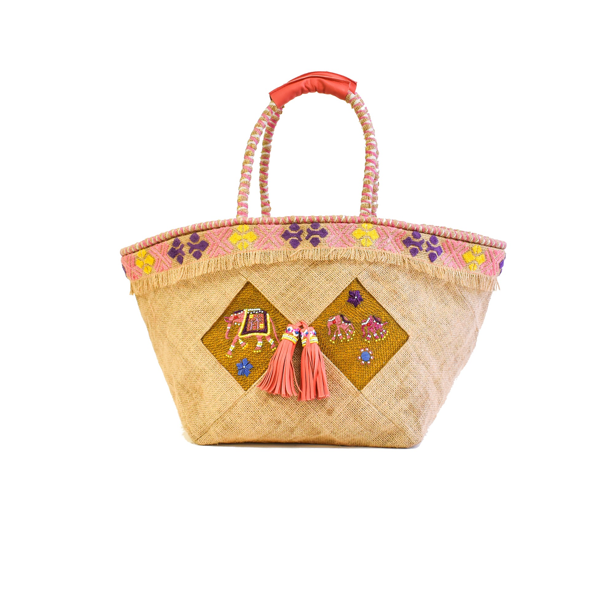 Meher Kakalia Meher Kakalia KIPLING BASKET large jute tote with elephant embroidery