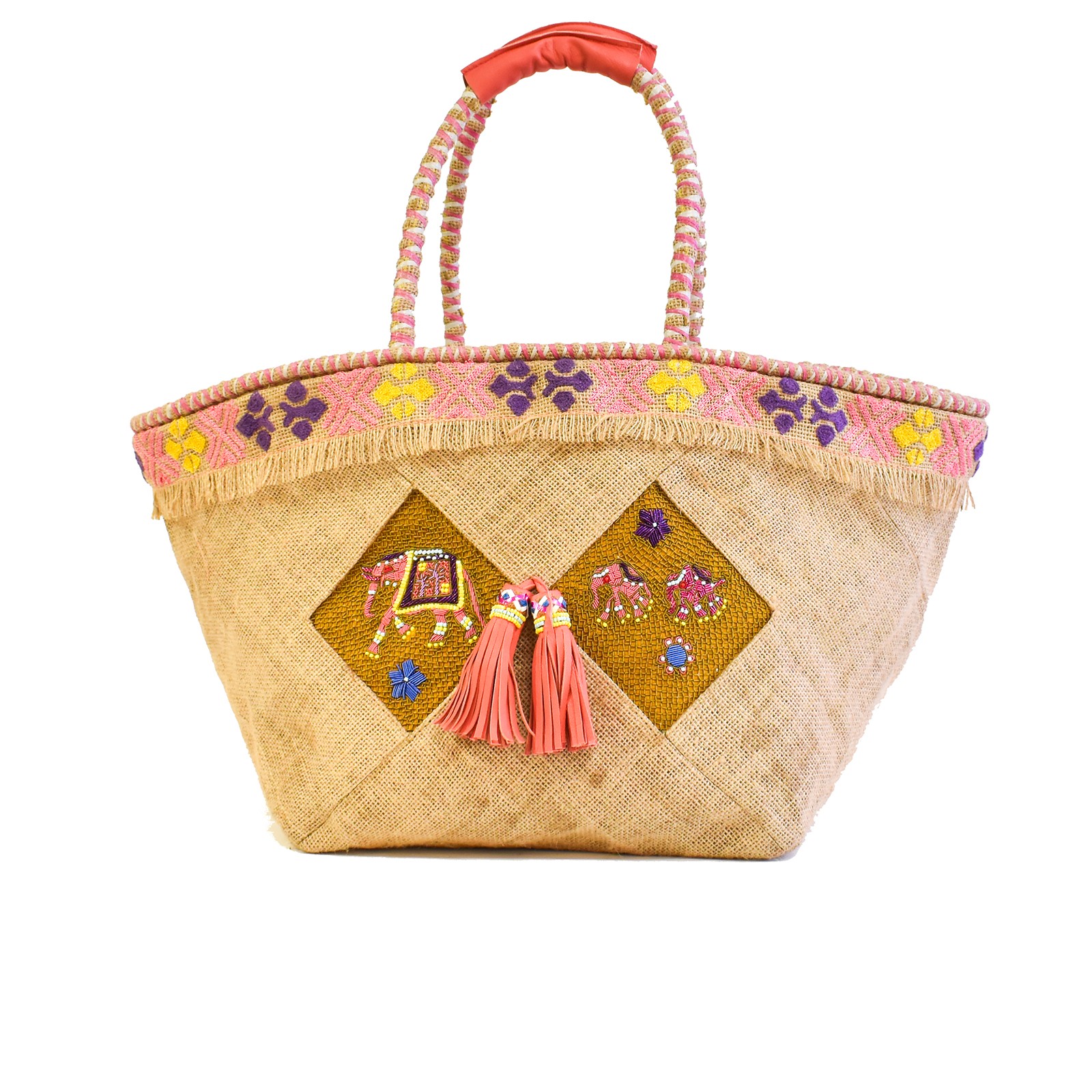 Meher Kakalia KIPLING BASKET large jute tote with elephant embroidery