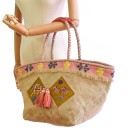 Meher KakaliaLarge jute tote bag with ochre elephant embroidery and coral tassels