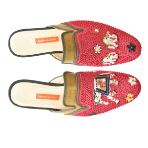 Meher Kakalia home KIPLING MULE Lovato Gold-Red | Luxury Elephant Embroidered Slide Shoes | Meher Kakalia