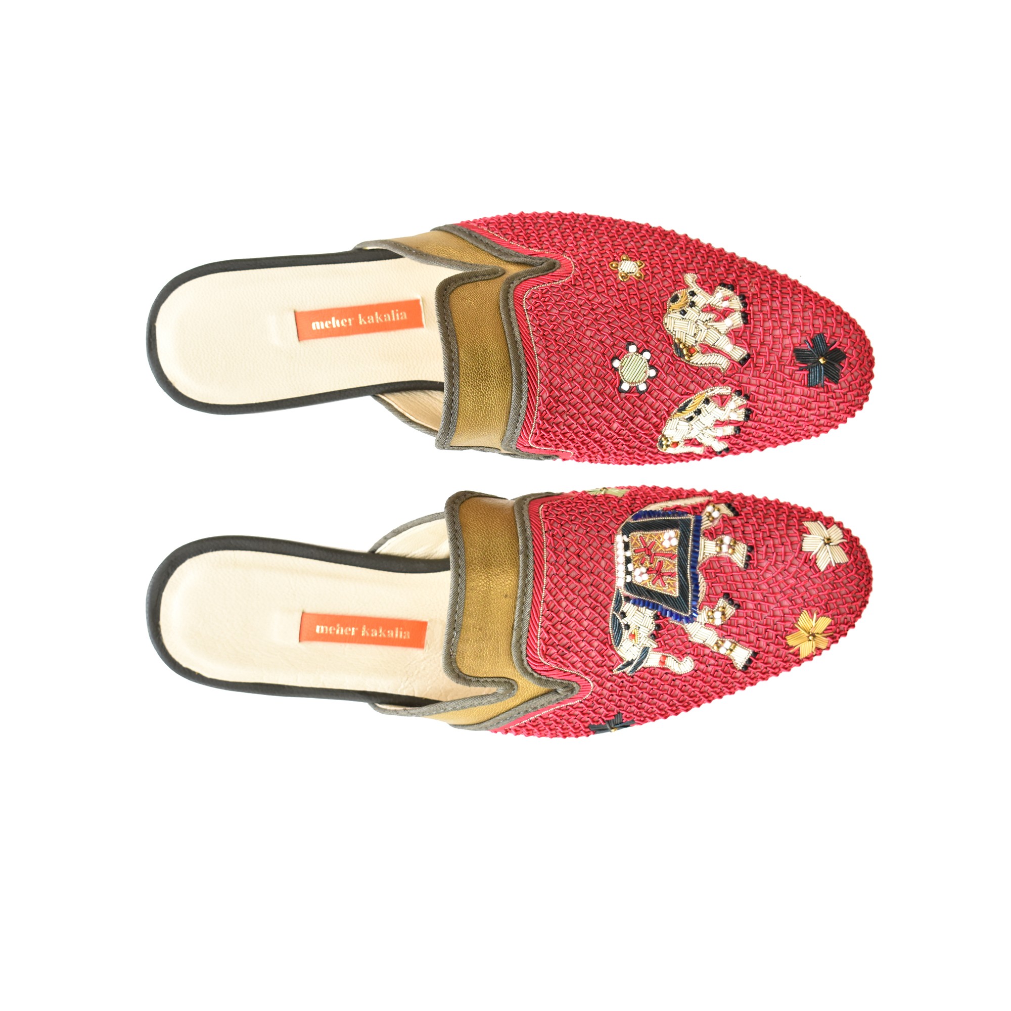Meher Kakalia KIPLING MULE Lovato Gold-Red | Luxury Elephant Embroidered Slide Shoes | Meher Kakalia