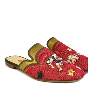 KIPLING MULE Lovato Gold-Red | Luxury Elephant Embroidered Slide Shoes | Meher Kakalia