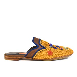 Women’s luxury leather slipper with coil embroidery and blue piping