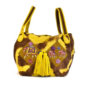 Meher Kakalia home Embroidered leather Bunny Bag in brown and yellow tie-dye with elephant motif