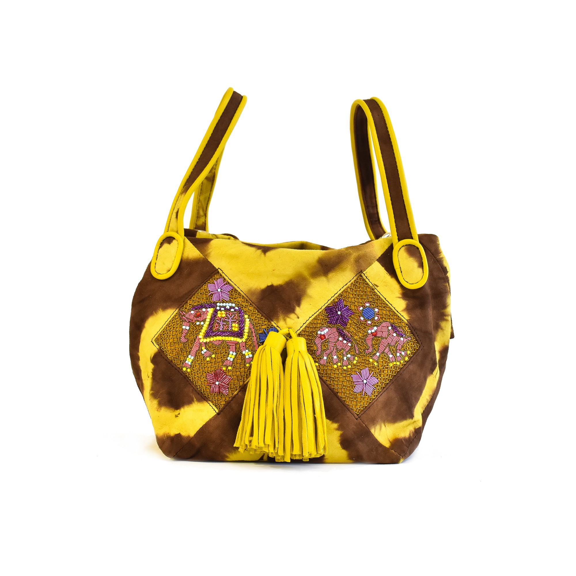Meher Kakalia Embroidered leather Bunny Bag in brown and yellow tie-dye with elephant motif