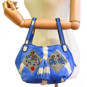 Blue and ivory tie-dye leather handbag with embroidered elephant motif