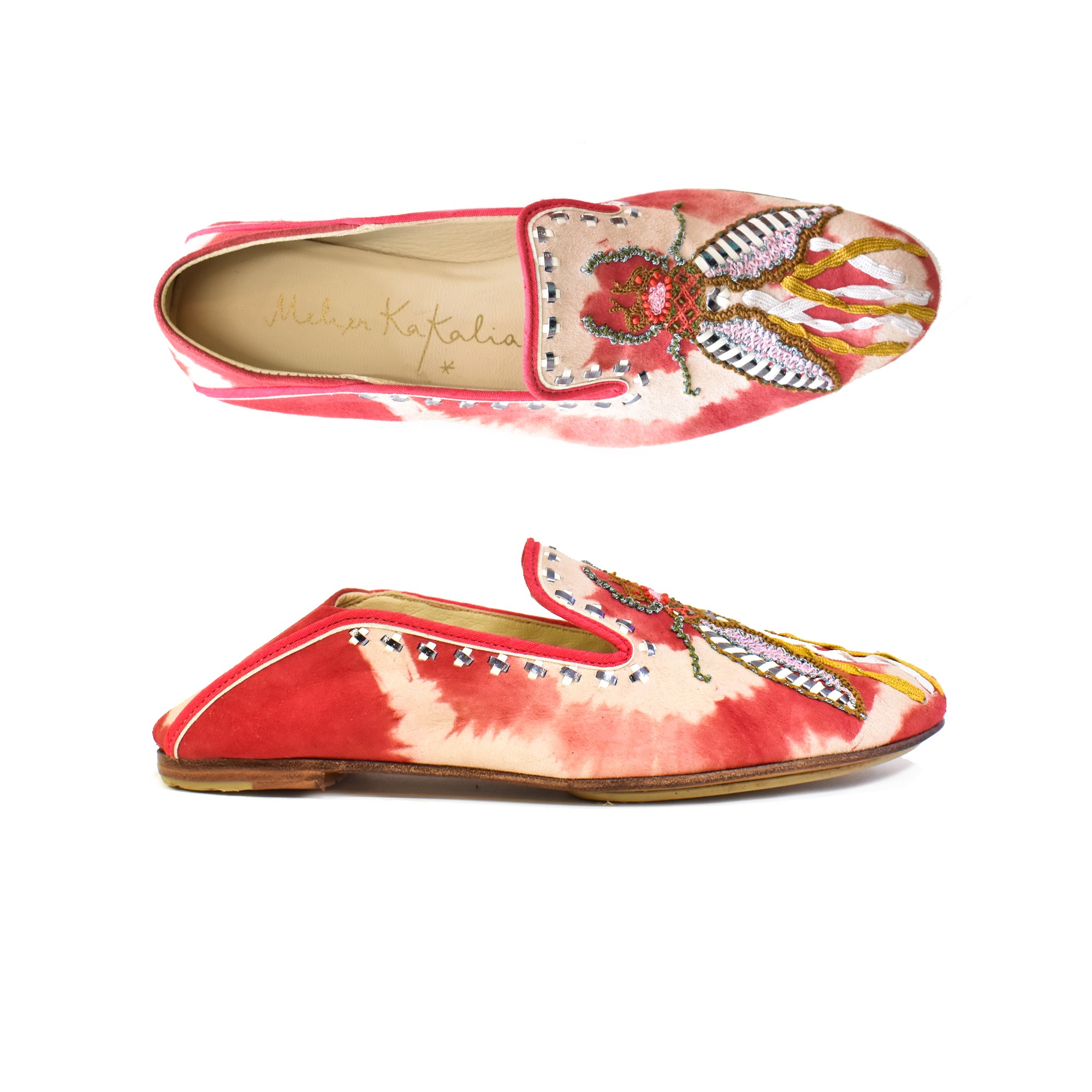 Meher Kakalia LUNA MOCCASIN – TD Raspberry | Embroidered Tie-Dye Suede Moccasins | Meher Kakalia Footwear