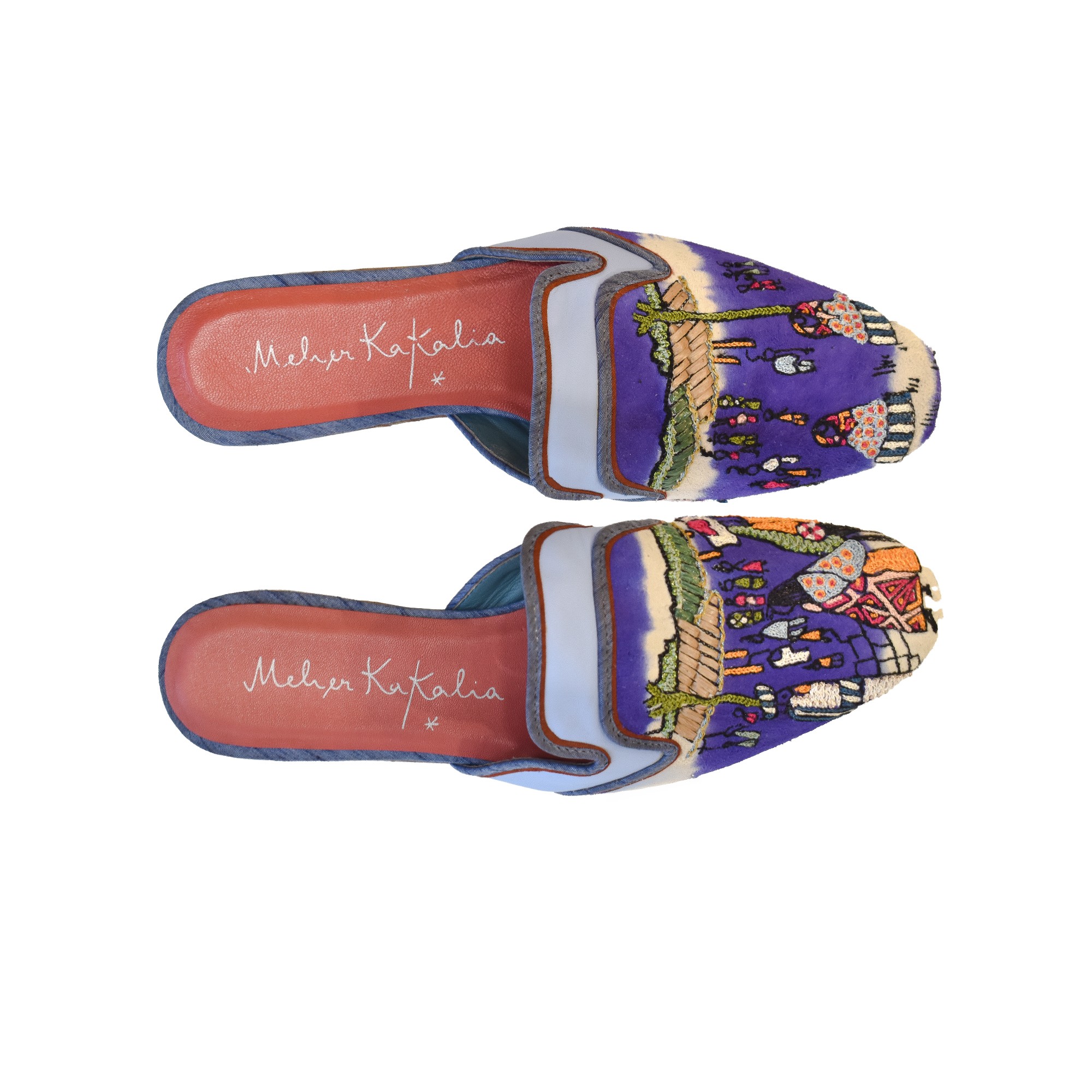 Meher Kakalia MARRAKESH MULE TD Yves Ivory | Blue Embroidered Leather Slipper | Meher Kakalia Footwear