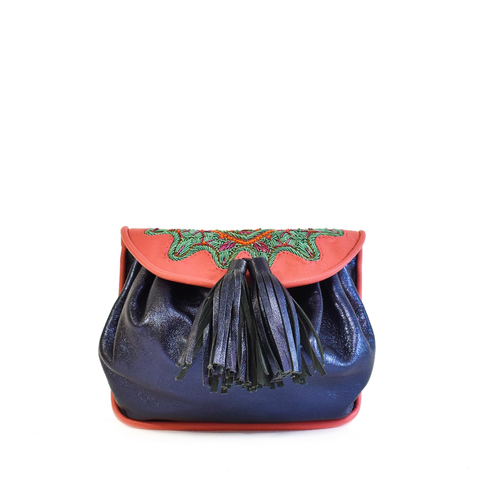 Small embroidered leather shoulder bag in blue and pink with tassel detail.