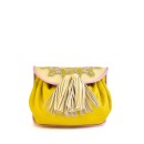 Meher KakaliaSmall embroidered leather shoulder bag in yellow with gold detailing.