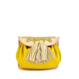 Meher Kakalia home Small embroidered leather shoulder bag in yellow with gold detailing.