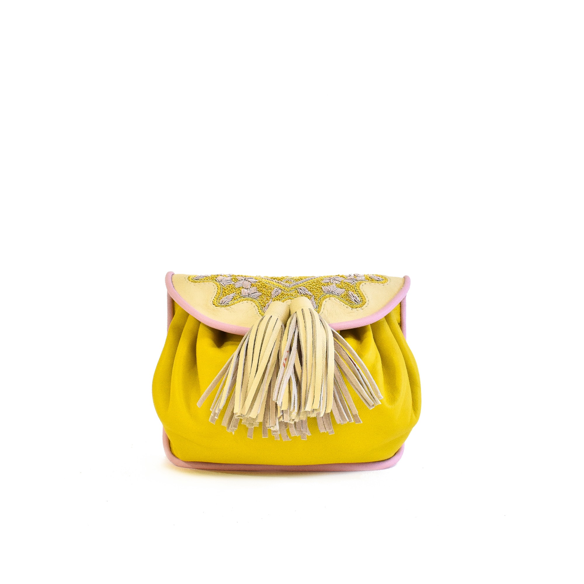 Meher Kakalia Small embroidered leather shoulder bag in yellow with gold detailing.