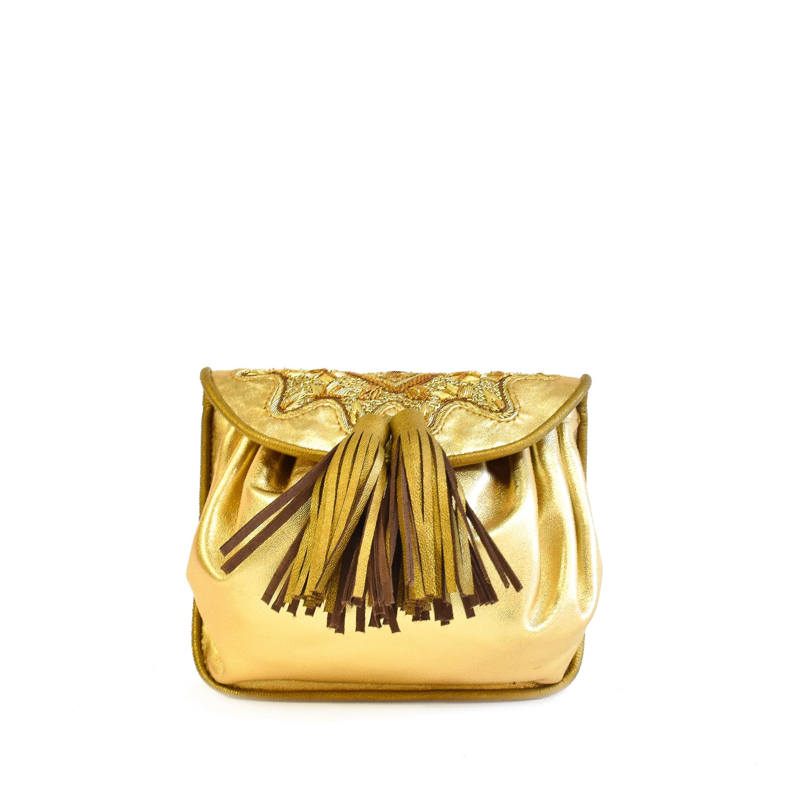 Small gold metallic shoulder bag with tassel detail and artisan embroidery.