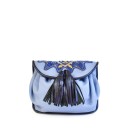 Meher KakaliaSmall blue leather shoulder bag with adjustable strap and tassel detail.