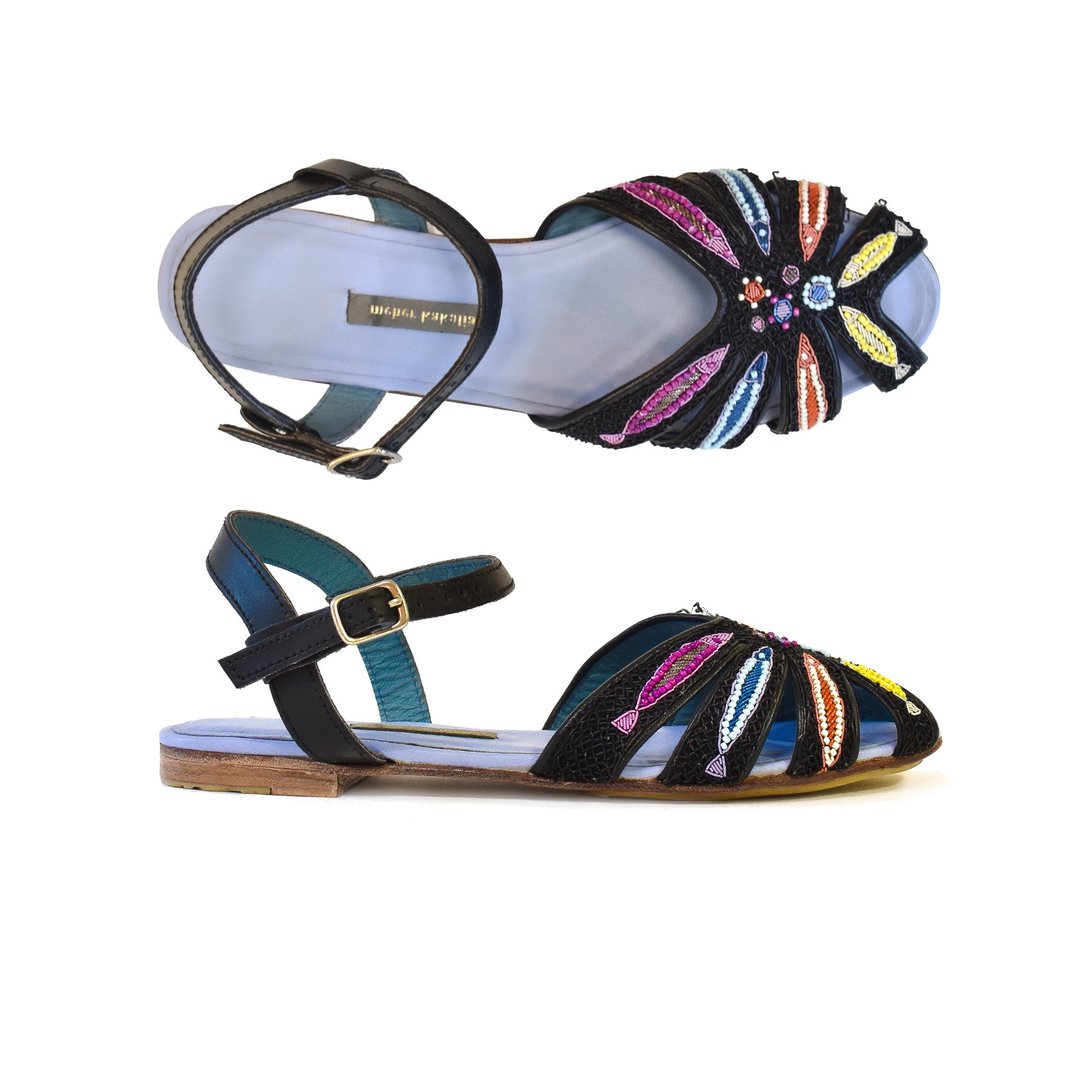 Meher Kakalia Black embroidered sandals for women with colourful bead detailing and ankle strap