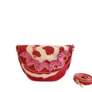 Meher Kakalia home Pink suede crossbody bag with hand embroidery and raffia detailing