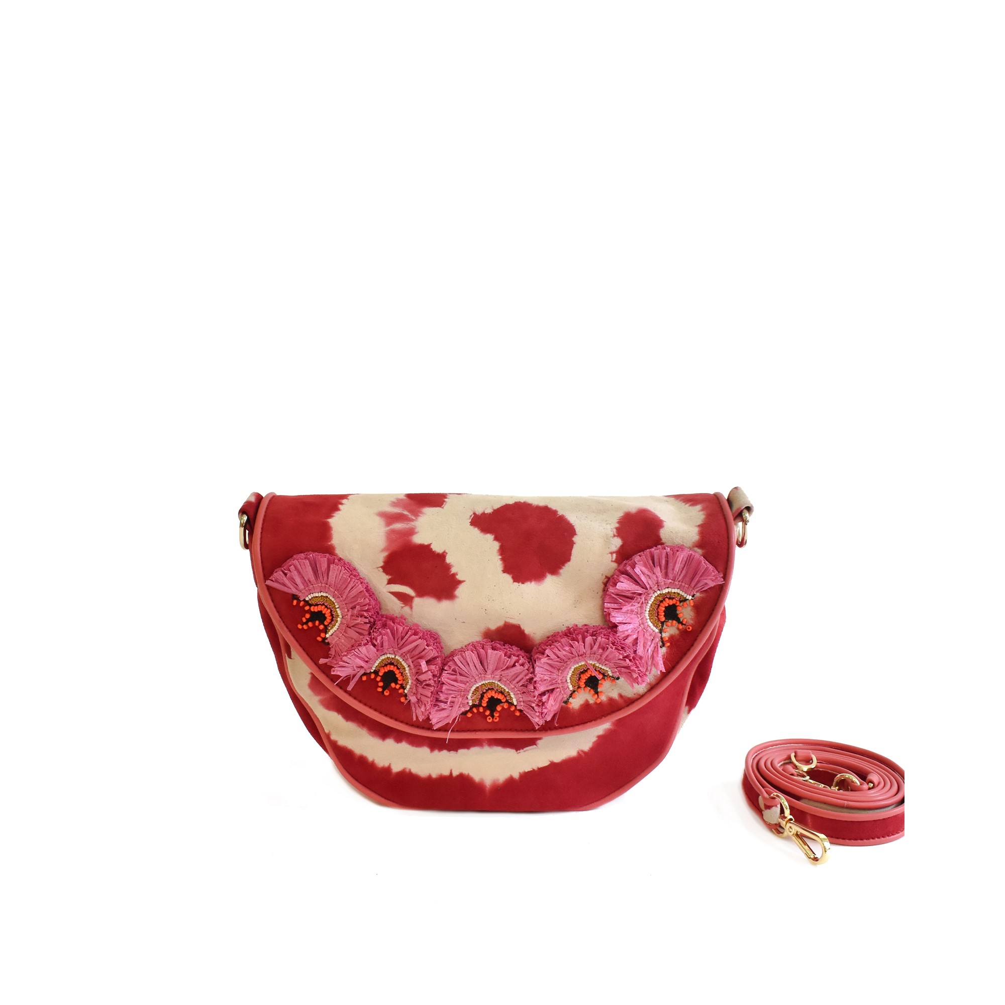 Meher Kakalia Pink suede crossbody bag with hand embroidery and raffia detailing
