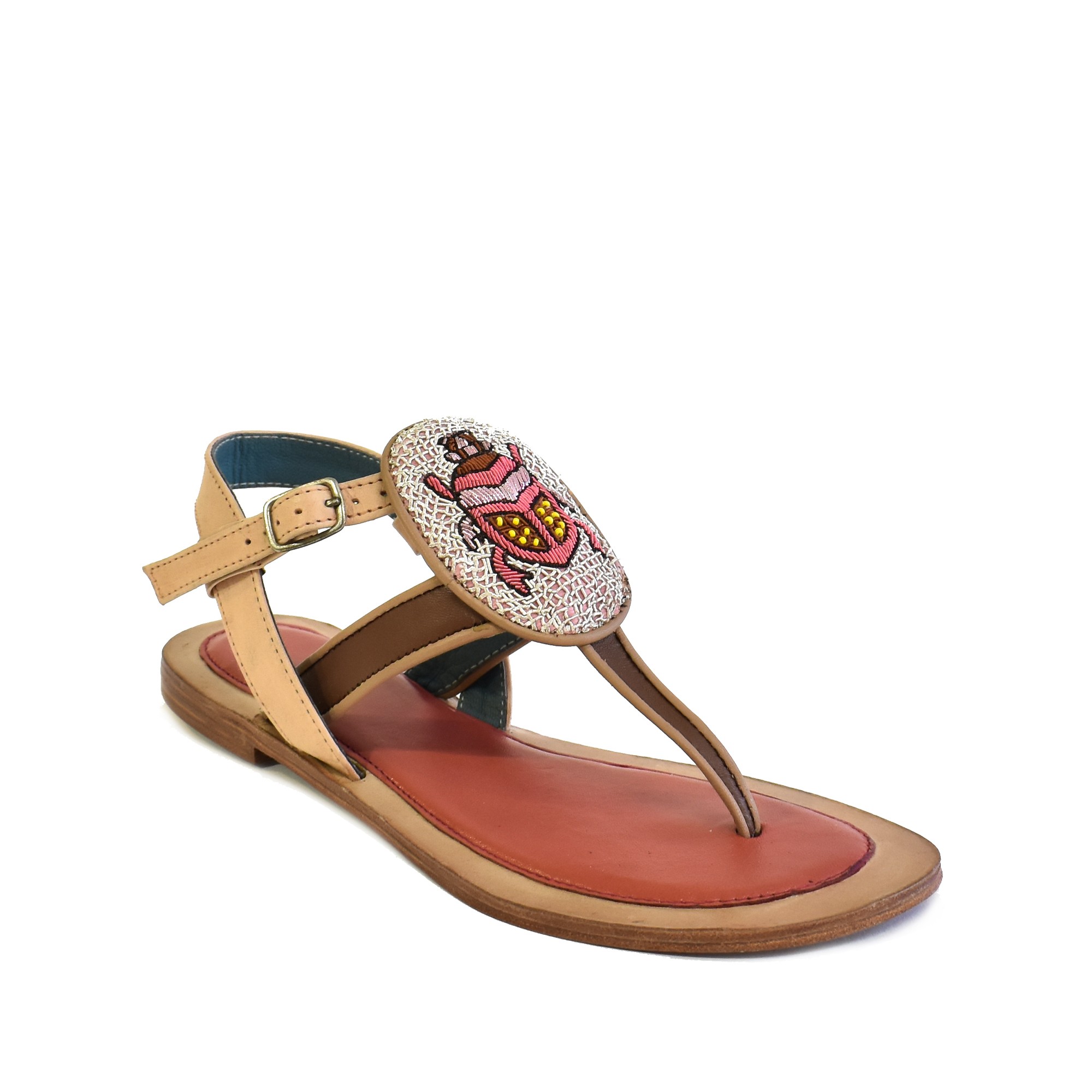 Meher Kakalia Embroidered Leather Sandals for Women | SCARAB SANDAL saddle-syrup | Meher Kakalia