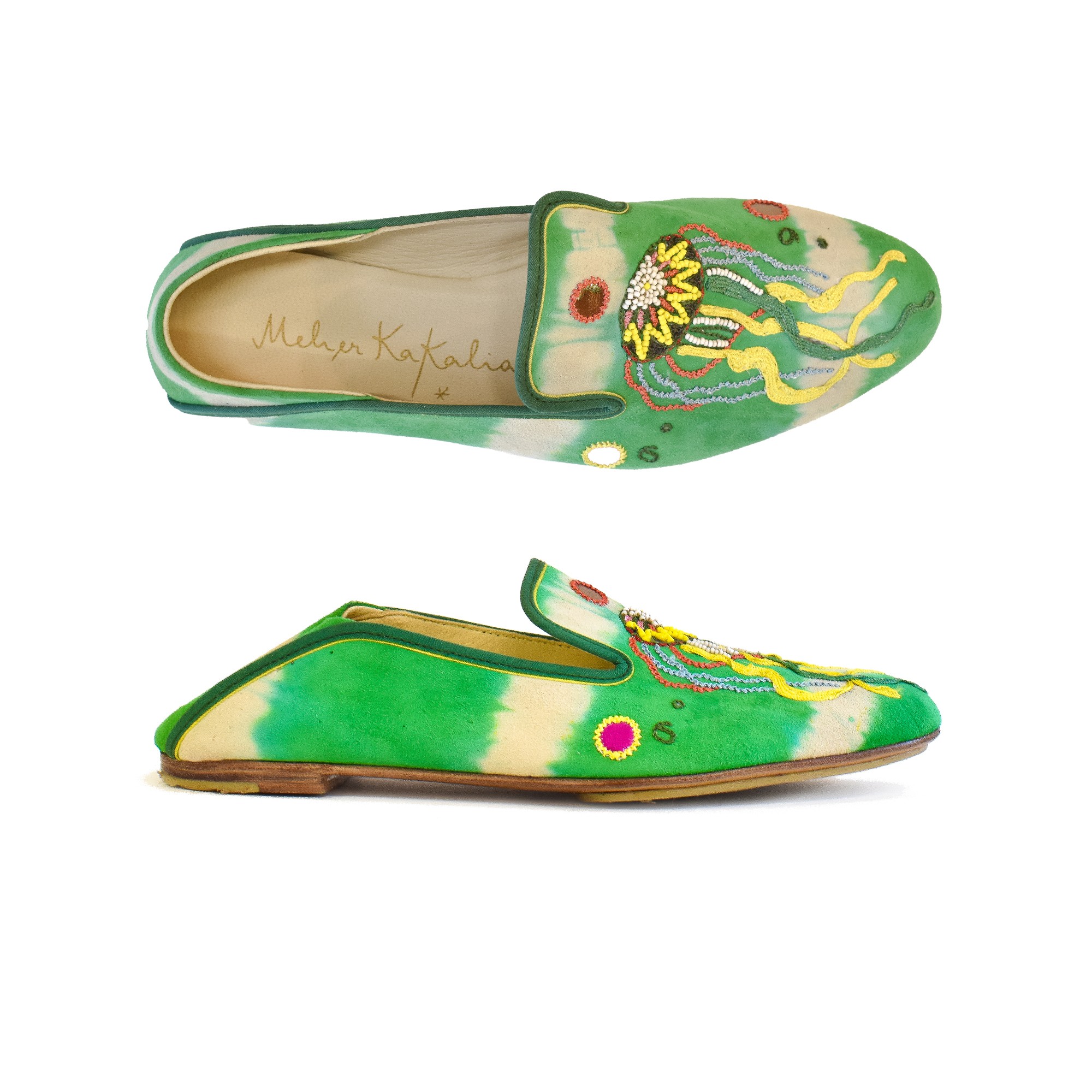 Meher Kakalia TETHYS MOCCASIN green tie-dye suede moccasins | Meher Kakalia
