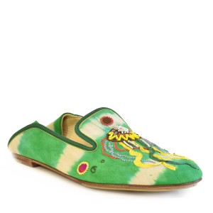 Green moccasins for women with embroidered jellyfish detail