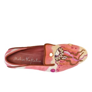 Embroidered pink leather moccasins with bead accents