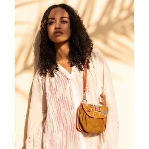 KIPLING ACCORDION BAG Suede Spice-Ochre | Suede Embroidered Bag | Meher Kakalia