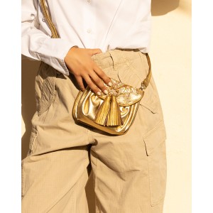 Mini Accordion Bag Metallic Gold with Tassels | Embroidered Leather Crossbody | Meher Kakalia