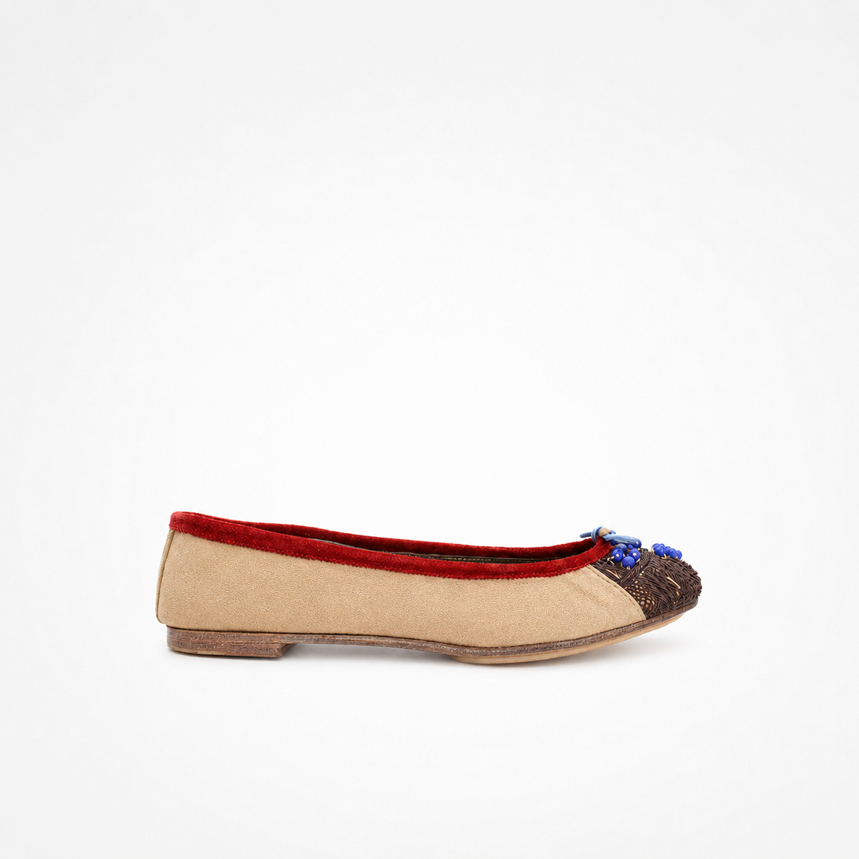 Camel-brown velvet Bizi Ballet Classic flat with a dark blue embroidered toe cap, red piping and low-profile sole