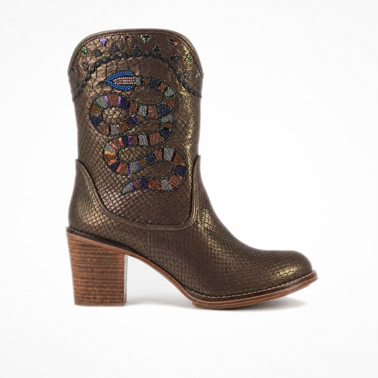 Side view of metallic bronze-brown textured leather NUWA heeled boot with multicolour embroidered snake motif
