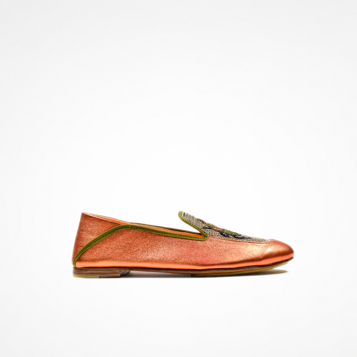 Side view of a metallic orange leather Scarab Loafer with olive piping, embroidered vamp panel and low-profile sole