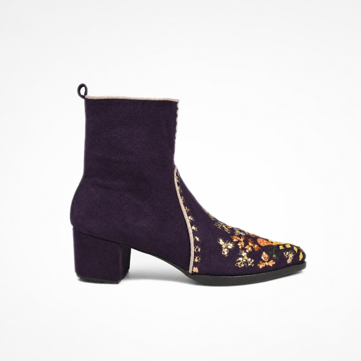 Side view of the deep purple suede MANI Point Heeled Boot with hand-embroidered pointed toe and block heel