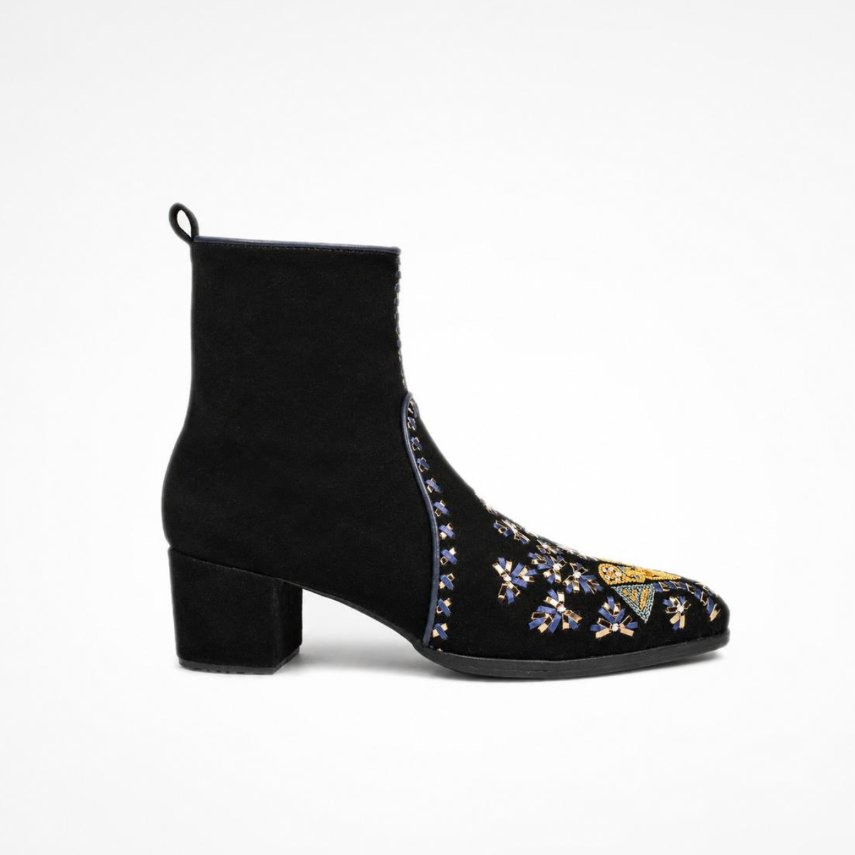 Side view of the black suede MANI Point Heeled Boot with hand embroidery and block heel