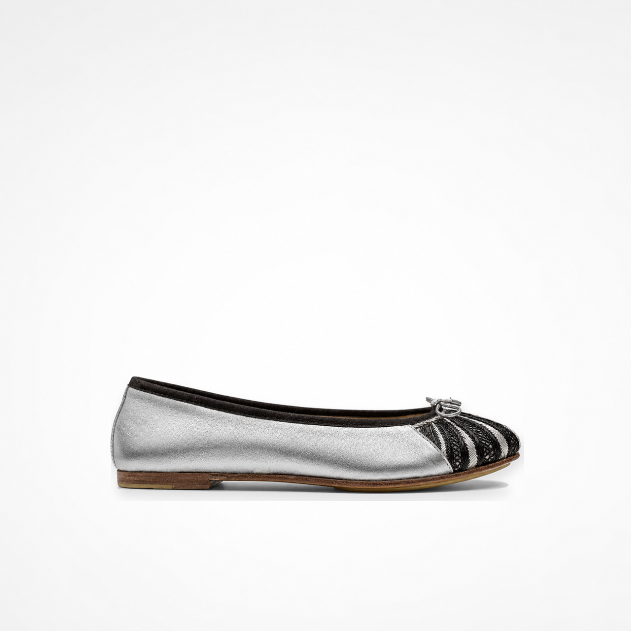 Metallic silver leather Miami Ballet Flat with a black-and-silver embroidered toe panel, bow detail and low-profile sole