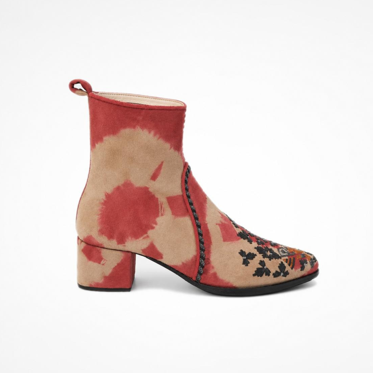 Side view of the red-and-beige tie-dye suede MANI Point Heeled Boot with hand embroidery and block heel