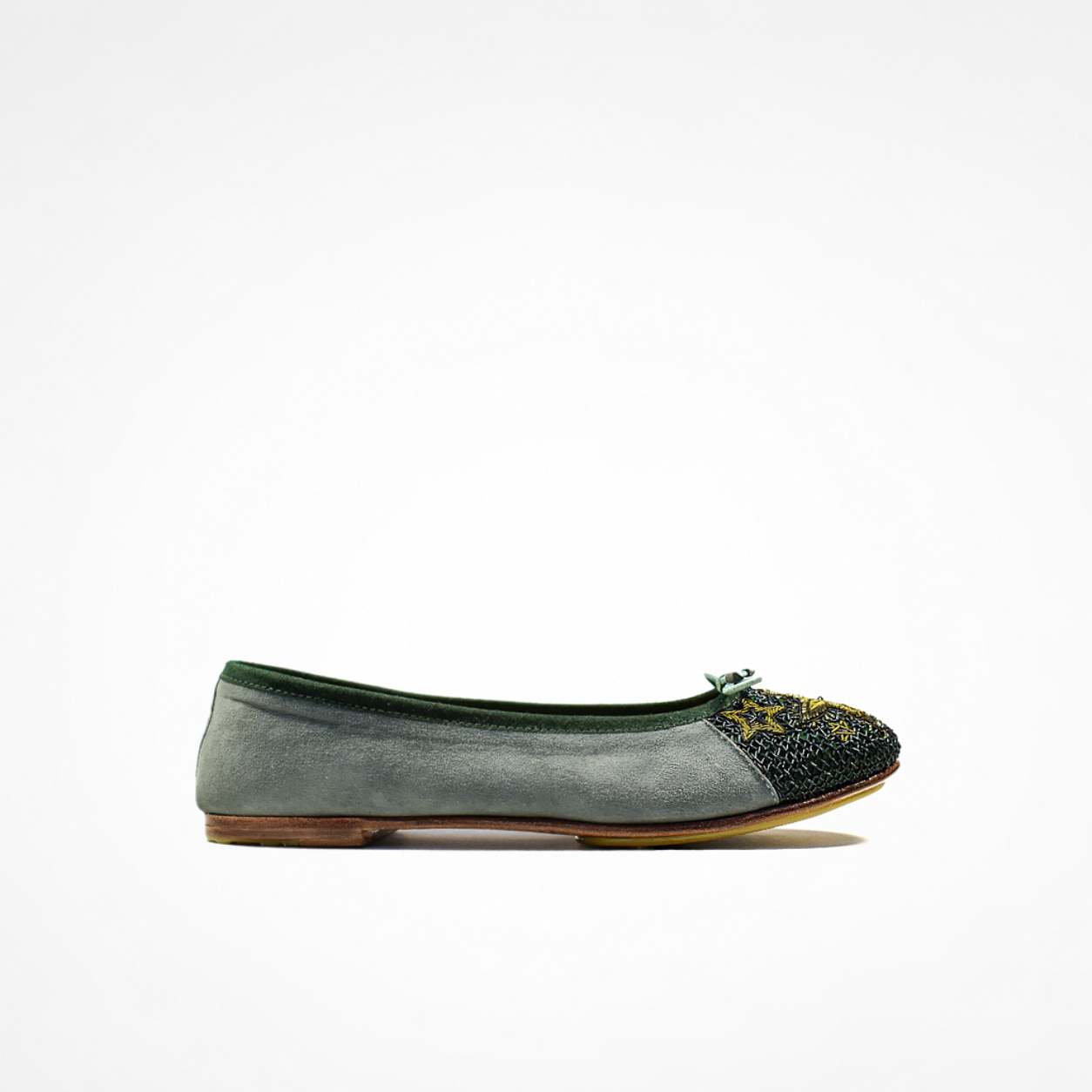 Grey suede Starry Night Ballet Flat with a dark embroidered toe cap, metallic star details and low-profile leather sole