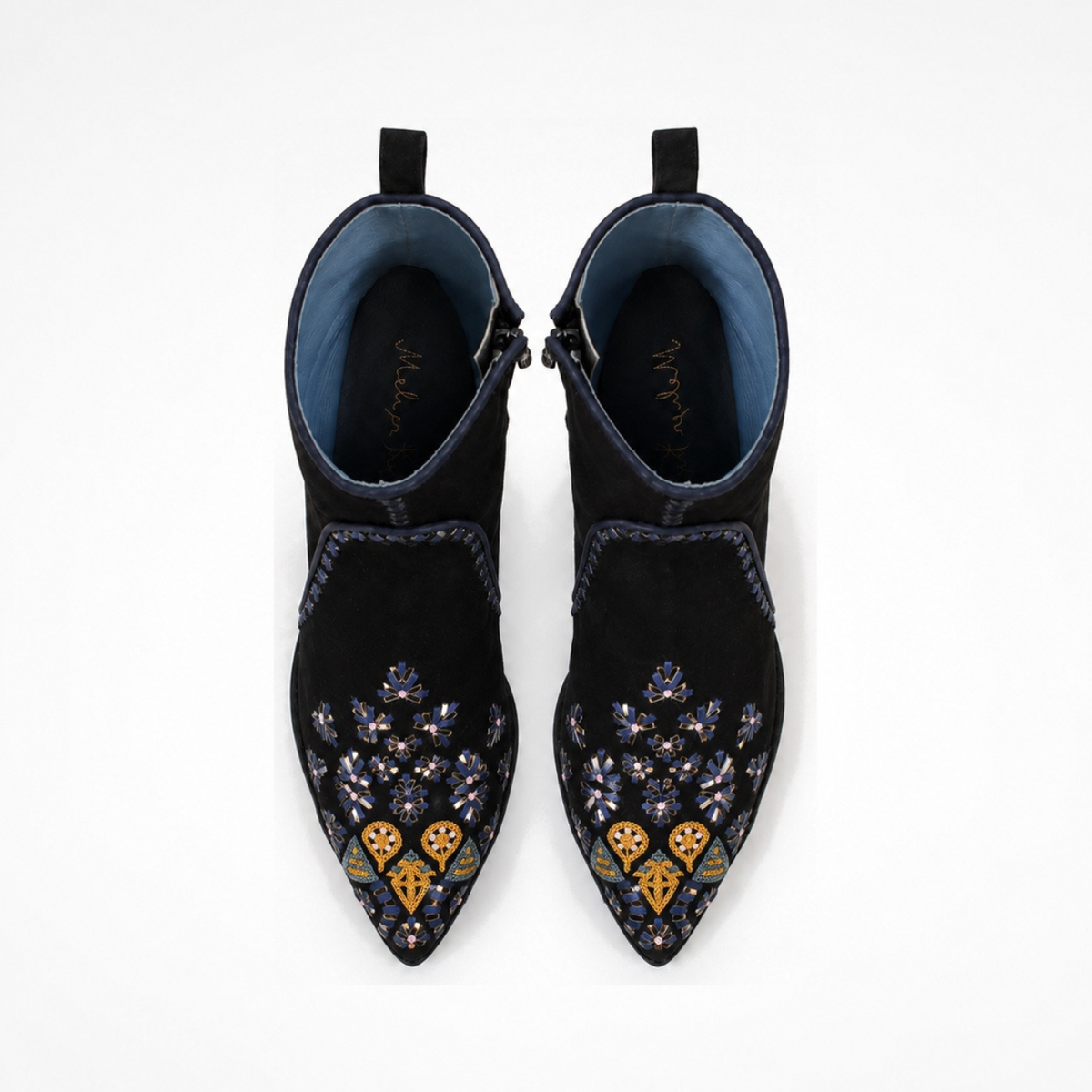 Top view of a pair of black suede MANI Point Heeled Boots with embroidered pointed toes