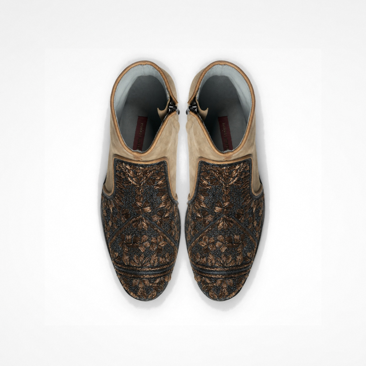 Pair of camel-beige suede Queen Neva boots with richly embroidered fronts, rounded toes and side zips