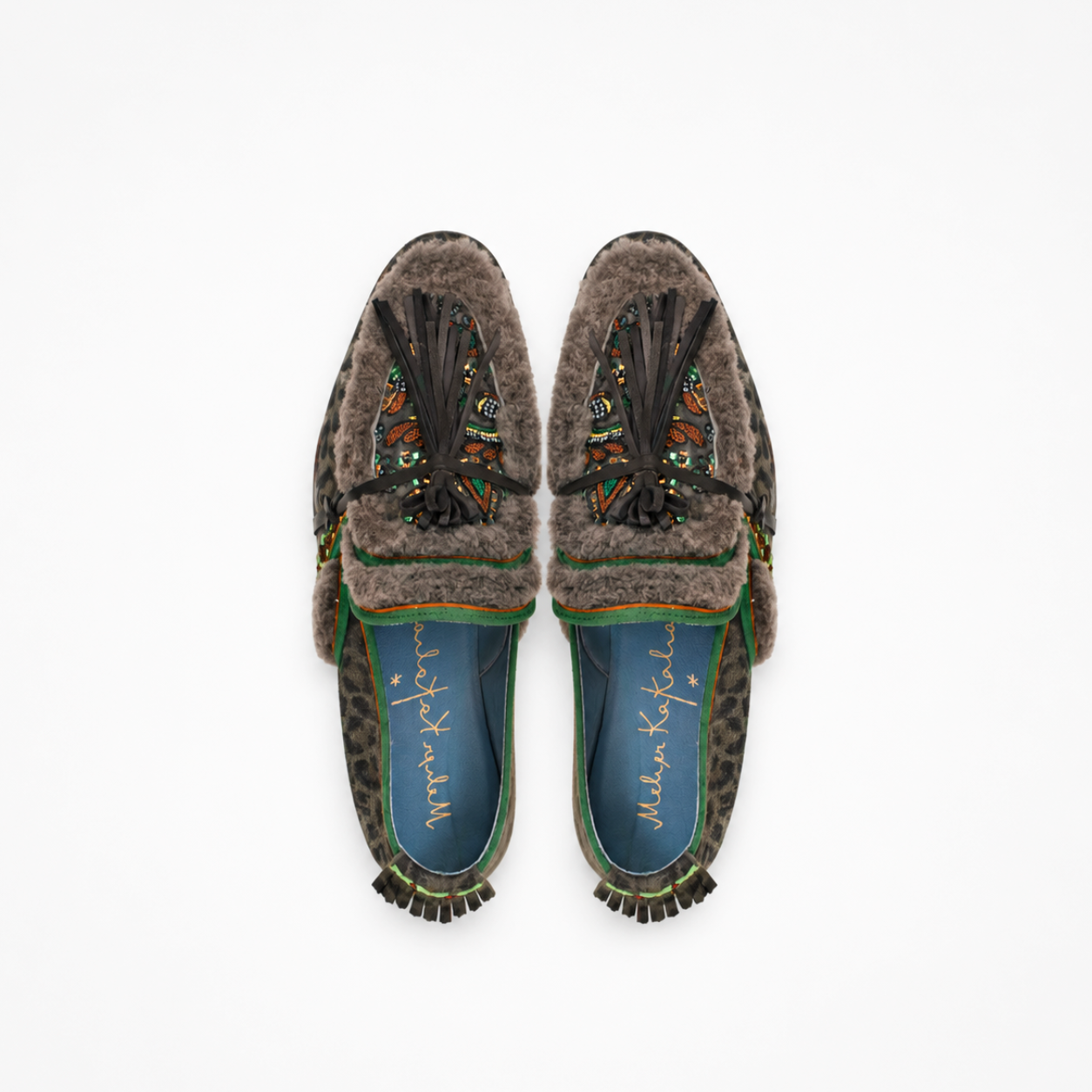 Pair of grey leopard-print Oud loafers with multicolour embroidered vamps, grey faux shearling and black tassels