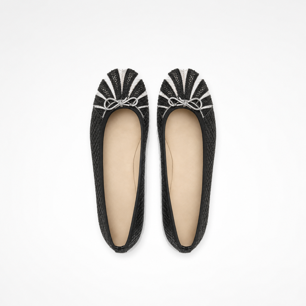 Pair of black textured leather Miami ballet flats with black-and-silver embroidered toe panels and bow details