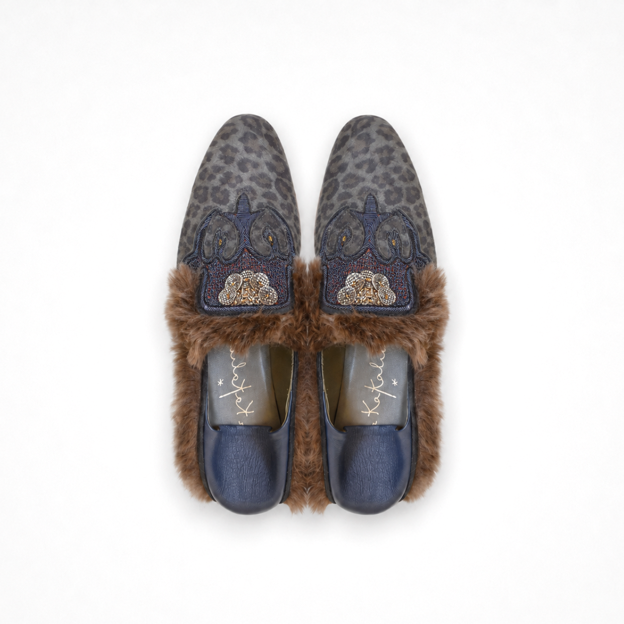 Pair of grey leopard-print Ottoman loafers with navy embroidery, metallic bead details and brown faux shearling