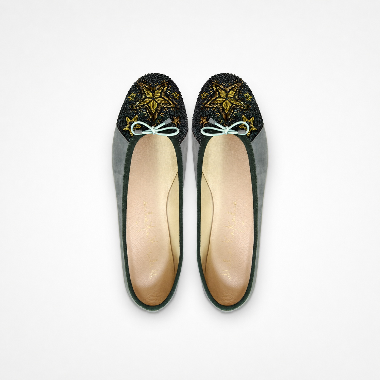 Pair of grey suede Starry Night ballet flats with embroidered toe caps and delicate bow details