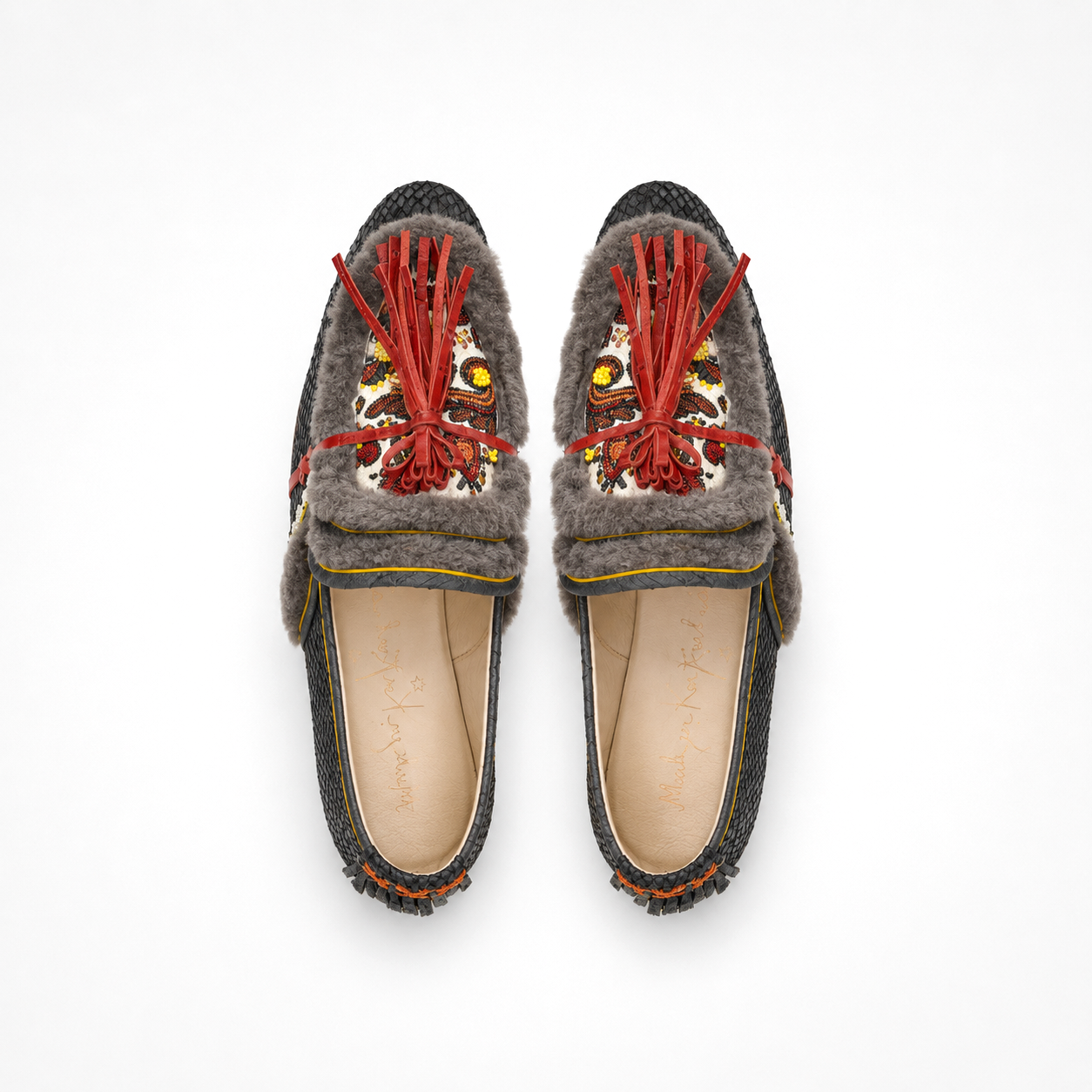 Pair of black snake-effect Oud loafers with multicolour embroidered vamps, grey faux shearling and red tassels