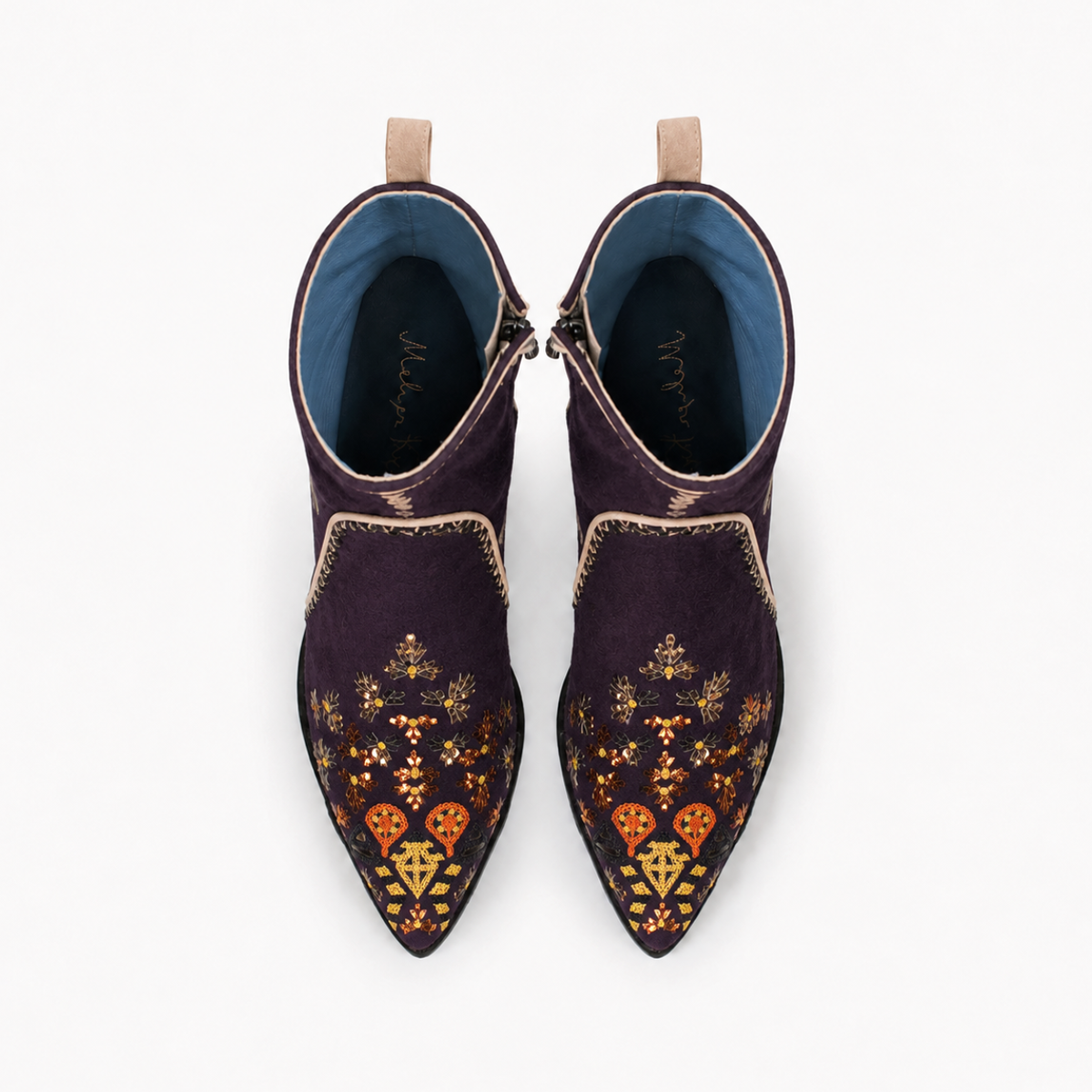 Top view of a pair of deep purple suede MANI Point Heeled Boots with multicolour hand embroidery