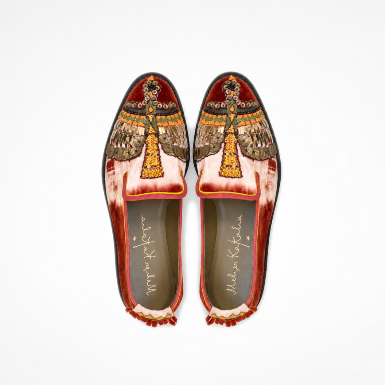 Pair of red-and-cream tie-dye velvet ANZU loafers with multicolour bird embroidery