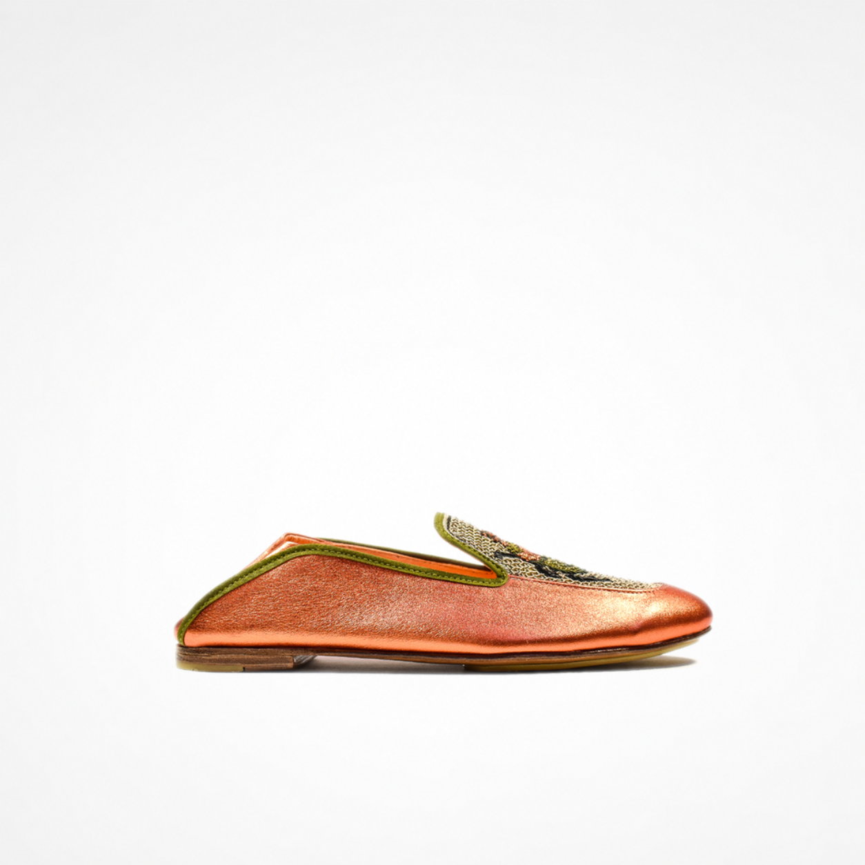 side view of a metallic orange leather Scarab Loafer with a rounded toe, olive trim and embroidered tongue