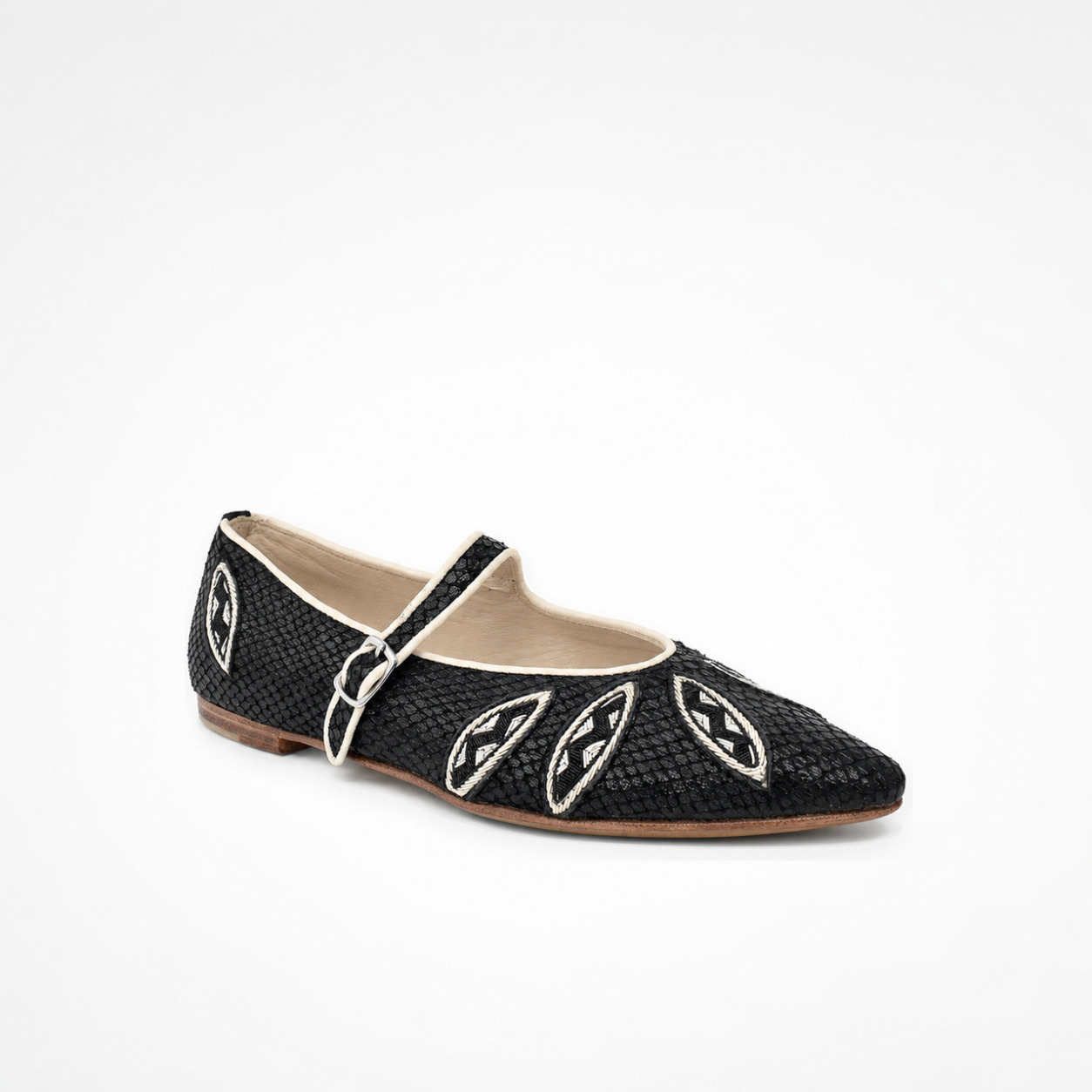 Black textured leather Lullu Point Mary Jane ballet flat with a pointed toe, white leaf appliqués and contrasting piping