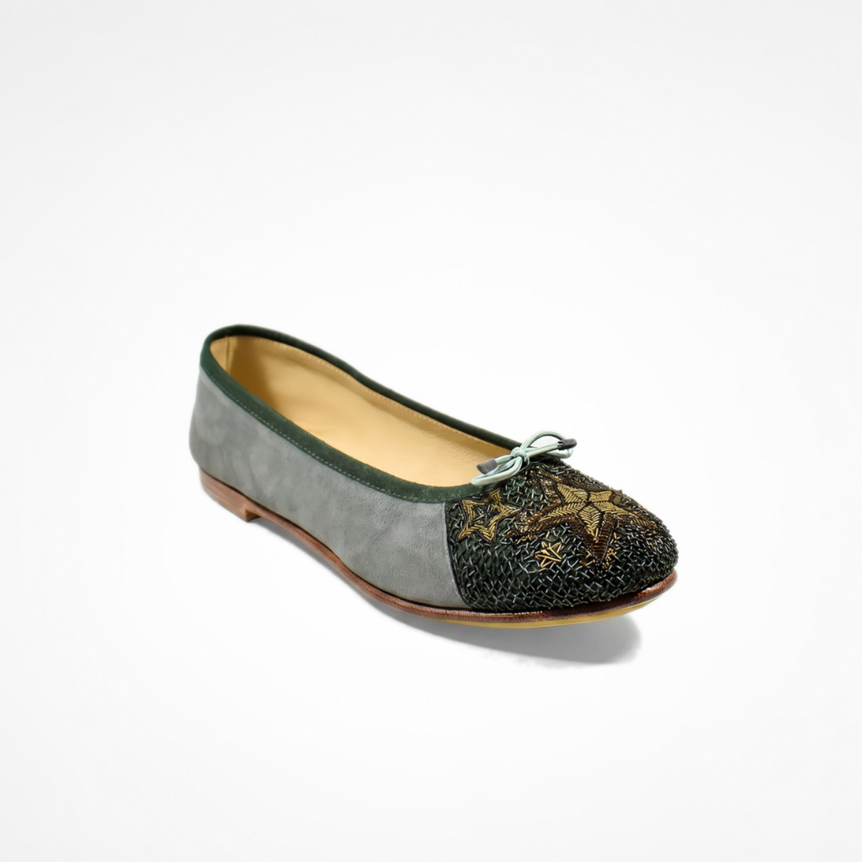 Grey suede Starry Night Ballet Flat with a rounded toe, dark embroidery and metallic star details
