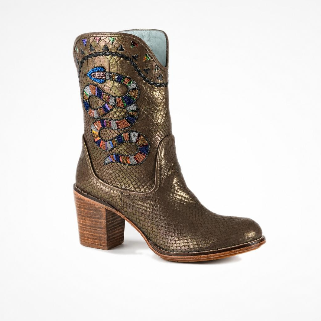 Metallic bronze-brown leather NUWA heeled boot with snake embroidery, reflective details and a wood-tone block heel