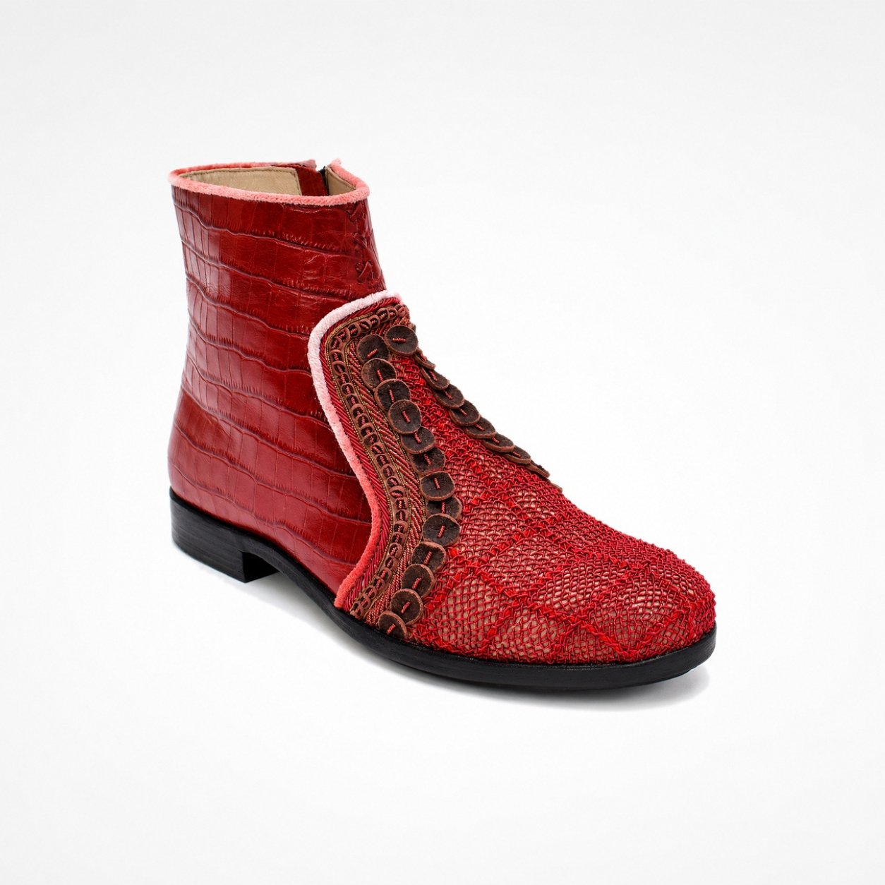 Red croc-effect leather Queen Neva ankle boot with tonal embroidered front, brown appliqué details and pink piping