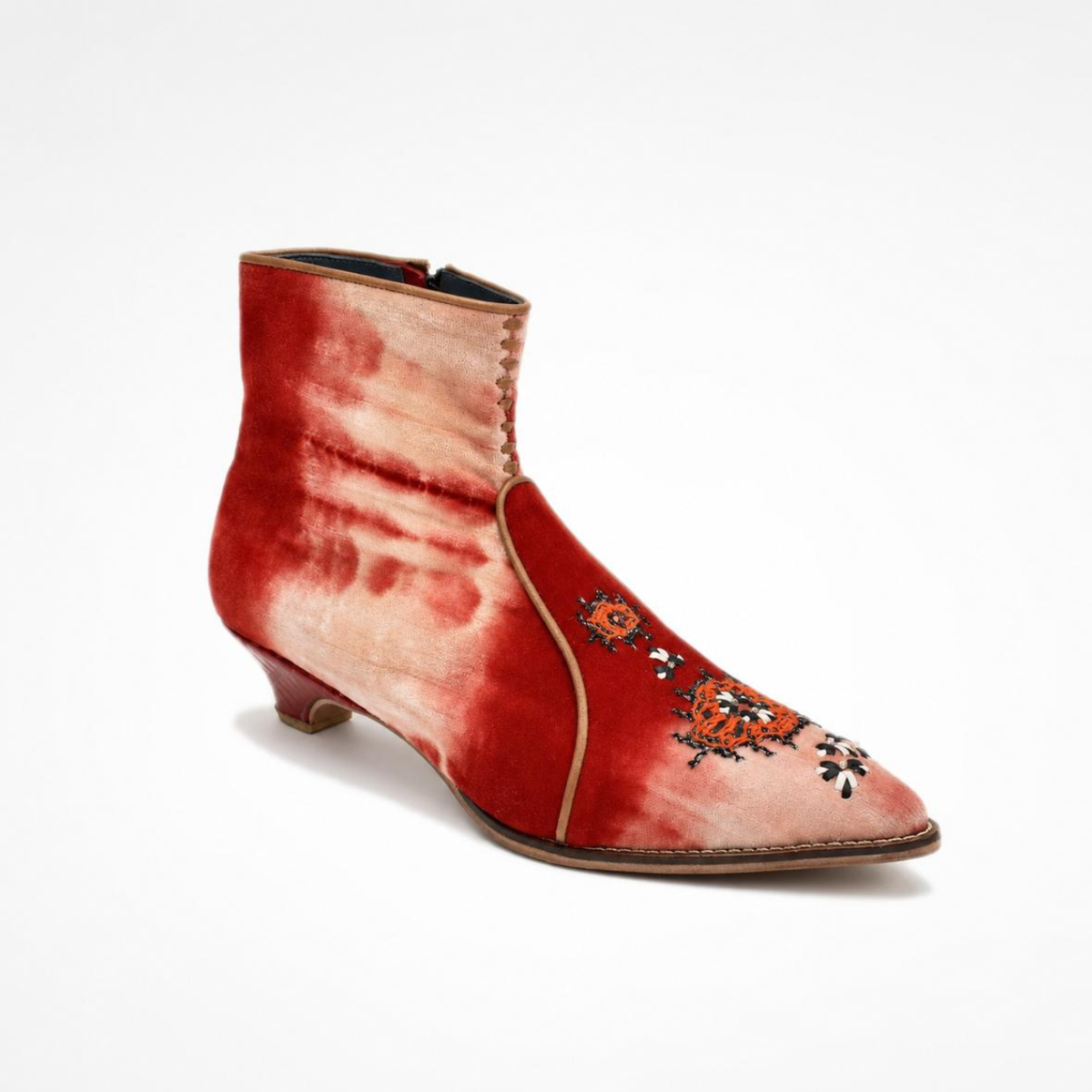 Red-and-cream tie-dye velvet NANA heeled ankle boot with pointed toe, three-quarter view